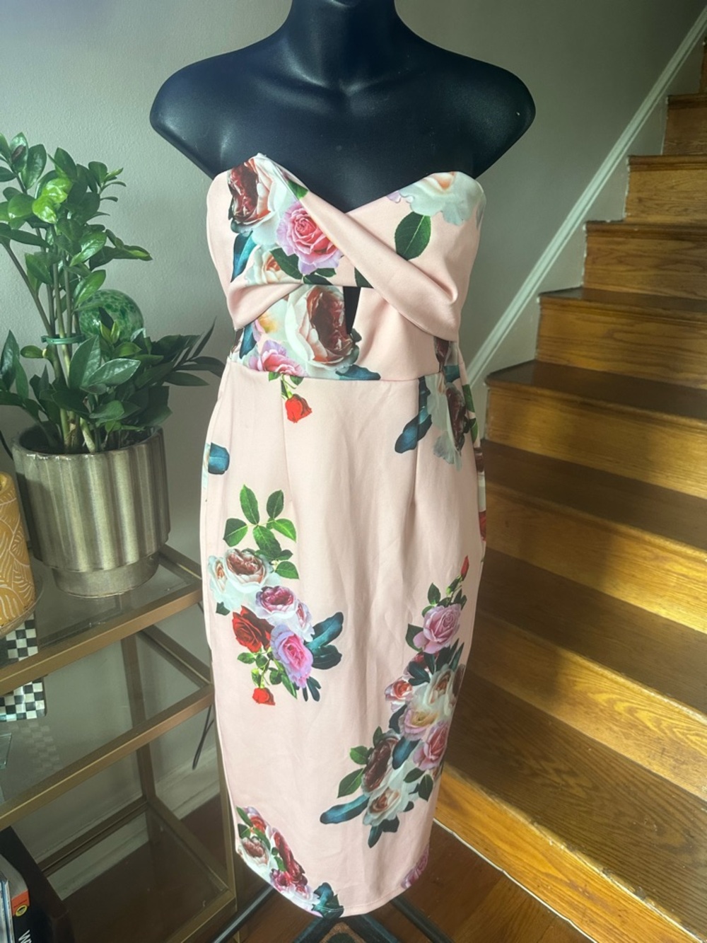 Strapless Blush Floral Midi Dress with Twisted Sweetheart Bodice